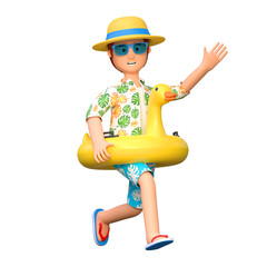 young man traveler carrying inflatable duck ring for swimming in summer holiday 3D cartoon character illustration