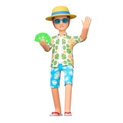 young man traveler carrying money in summer holiday 3D cartoon character illustration