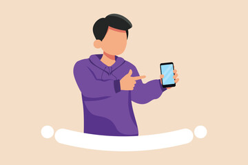 Happy people showing mobile phone screens. Holding smartphone. Smartphone concept. Colored flat graphic vector illustration isolated.