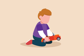Happy boy playing with toy. Educational games kids concept. Flat vector illustration isolated.