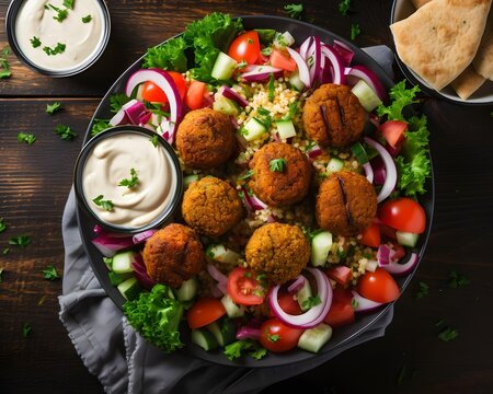 A plate of crispy and flavorful falafel with tahini sauce. Generative AI