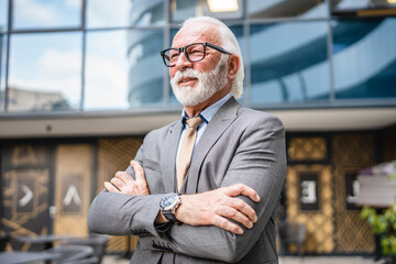 Portrait of senior man with beard businessman in suit stand outdoor