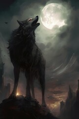 Black wolf howling to white intense moon made with generative AI