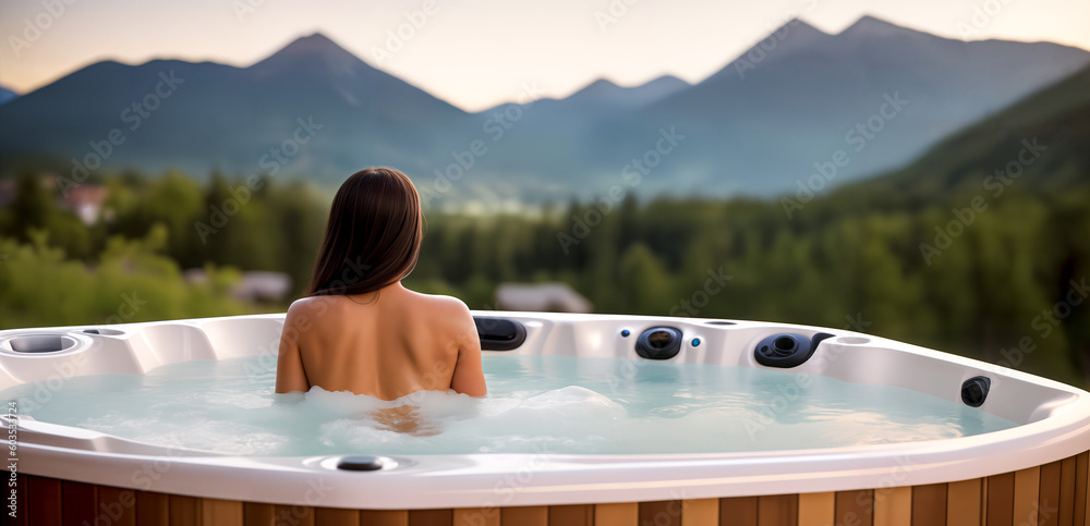 Wall mural Sexy naked brunette woman or girl with long hair in jacuzzi outdoor on the background of landscape with forest and mountains. Generative AI.