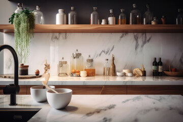 Fototapeta na wymiar Step into a contemporary kitchen with elegant design and spacious layout, featuring a luxurious marble countertop and trendy wooden stools. Created with Generative AI.