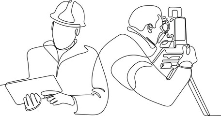 Close up of Caucasian worker with helmet on head using tablet for work while standing in warehouse. Surveyor with a tripod icon. Geodesic tripod. Vector illustration