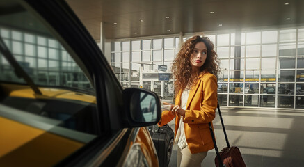 Woman arrives by taxi at the airport terminal in a hurry. Ai generated. - obrazy, fototapety, plakaty