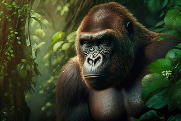 A large ape hides among the leaves of a large tree in the jungle. Ai generated.