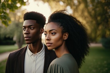 Obraz premium A serene and introspective young couple enjoying nature's beauty in the countryside. Ai generated.