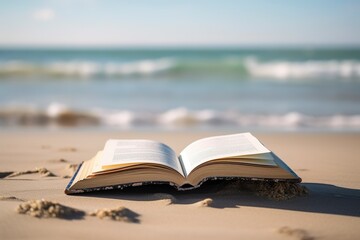 As the waves serenade the shore, an open book invites a seaside rendezvous with imagination. Ai generated.