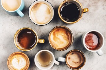 Collection of different cups of creamy coffee, viewed from above. Ai generated.
