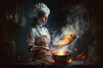 Cook mixes fantasy ingredients in a pot to cook imagination and creativity. Ai generated.