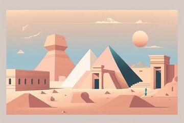 Egypt , Tourist postcard of landscape topics, simple flat design in pastel tones. AI generated.