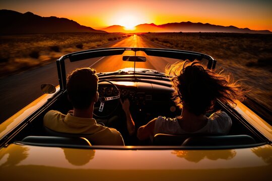 Young couple in love driving a luxury convertible at dusk on their expensive vacation Ai generated.