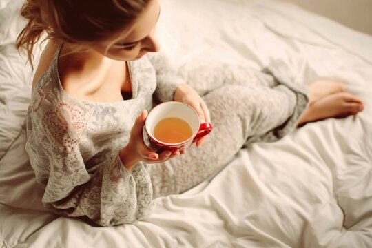 A cozy retreat in bed with a warm cup of tea, aiding her wellness and recovery. Ai generated.
