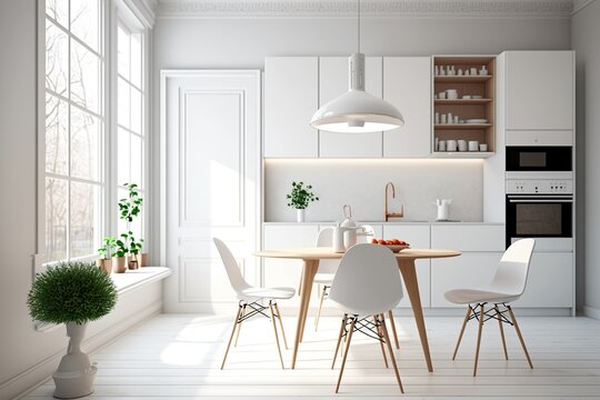 A mockup of a modern kitchen, with simple lines, bright with a large window. Ai generated.