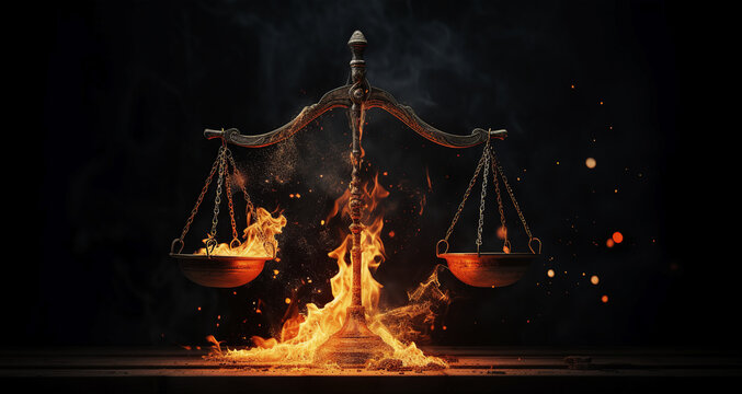 Justice scales on fire. Generative AI.