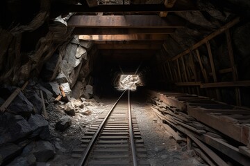 Fototapeta na wymiar Mine tunnel inside view. Ai. Cave with railway