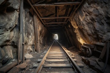 Fototapeta na wymiar Mine tunnel inside view. Ai. Cave with railway