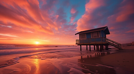 A Captivating Beach Sunset Immortalized through DSLR Lens and Warm-Toned Film, Generative AI