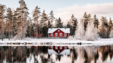 Idyllic Swedish house in winter scenery,  Red cottage in pine forest. Generative AI. - obrazy, fototapety, plakaty