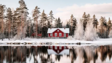 Küchenrückwand glas motiv Idyllic Swedish house in winter scenery,  Red cottage in pine forest. Generative AI. © Pro Hi-Res