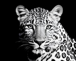 Fototapeta na wymiar Leopard, large cat, carnivoran, staring, attentive, black background