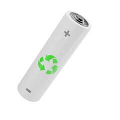 Disposal of used batteries. battery is white with a green reuse, recycling icon. The environmental problem of batteries.
