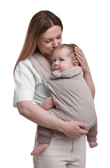 Mother holding her child in sling (baby carrier) on white background