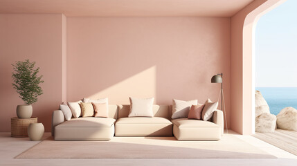 Fototapeta na wymiar A living room with pink walls and a white couch. Generative AI.