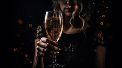a woman holds a champagne glass. the background is dark. Generative AI