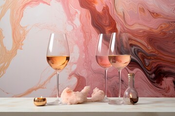 Two glasses of rose winele table against pink marble background. Created with Generative AI tools