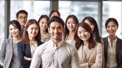 オフィスにいるスーツ姿のアジア人ビジネスマンとビジネスウーマンのチーム（Generative AI）
