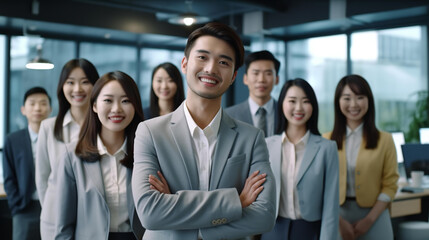 Obraz premium オフィスにいるスーツ姿のアジア人ビジネスマンとビジネスウーマンのチーム（Generative AI） 