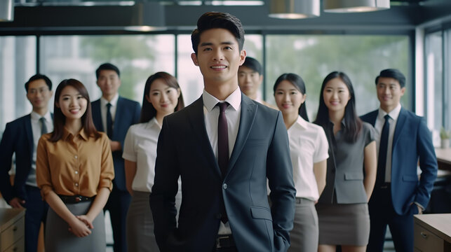 オフィスにいるスーツ姿のアジア人ビジネスマンとビジネスウーマンのチーム（Generative AI）
