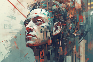 A digital painting of a man's face, deconstructivism, distorted lines and shapes. Generative AI.