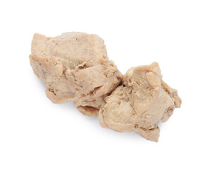 Pieces of tasty cod liver on white background, top view