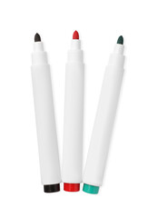Bright color markers isolated on white, top view. School stationery