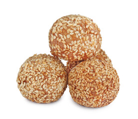 Many delicious sesame balls on white background