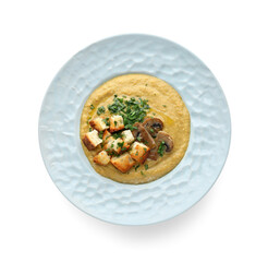 Delicious cream soup with mushrooms and croutons on white background, top view