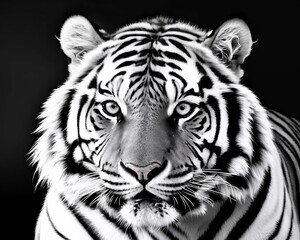 Tiger, large cat, carnivoran, staring, attentive, black background, grayscale, good lighting, Generative AI