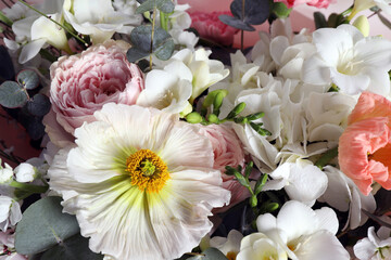 Fototapeta na wymiar Bouquet of beautiful flowers as background, closeup