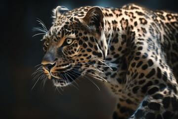 Naklejka premium Beautiful leopard. Background with selective focus and copy space. AI generated, human enhanced