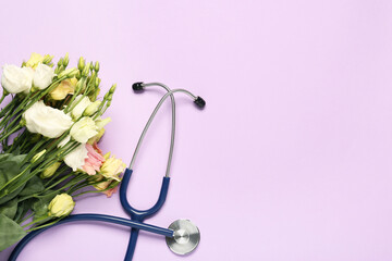Stethoscope and beautiful flowers on light violet background, flat lay with space for text. Happy Doctor's Day