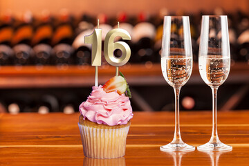 Cupcake With Numbers And Glasses With Wine For Birthday Or Anniversary