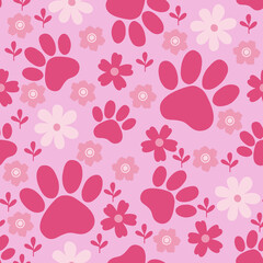Fototapeta na wymiar Animal footprint seamless pattern. Pet step trace and flowers in pink shades. Veterinary allover background. Childrens endless illustration