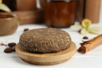 Homemade cosmetic product on white wooden table, closeup