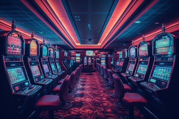 Luxury casino interior with lots of slot machines. AI generated, human enhanced. - obrazy, fototapety, plakaty