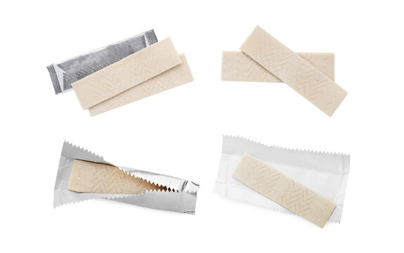 Collage with sticks of chewing gum on white background, top view