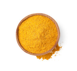 Wooden bowl with curry powder isolated on white, top view